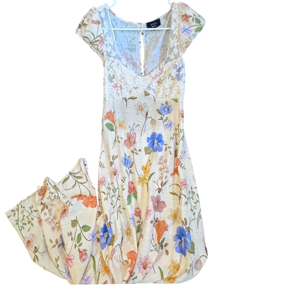 VICI Floral Lace Bodice Open Back Maxi Dress Cream Blue Orange Womens Medium - Picture 1 of 8